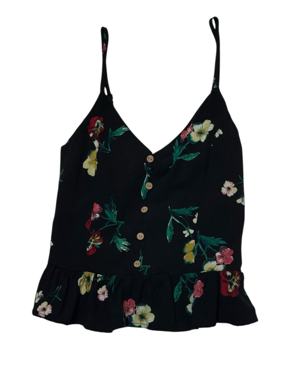 Ambiance Black Floral Button-Front Camisole with Ruffle Hem